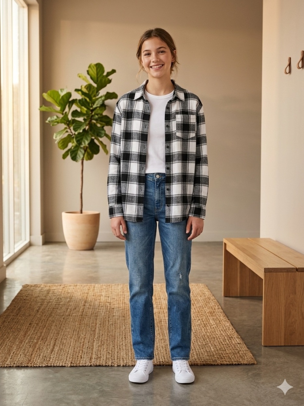 Forever 21 youth classic black and white buffalo plaid flannel shirt from